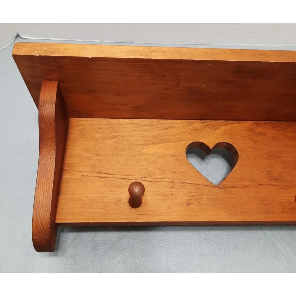 Vintage Wooden Wall Shelf Heart Cutout 2 Pegs Cottagecore Country Farmhouse 18